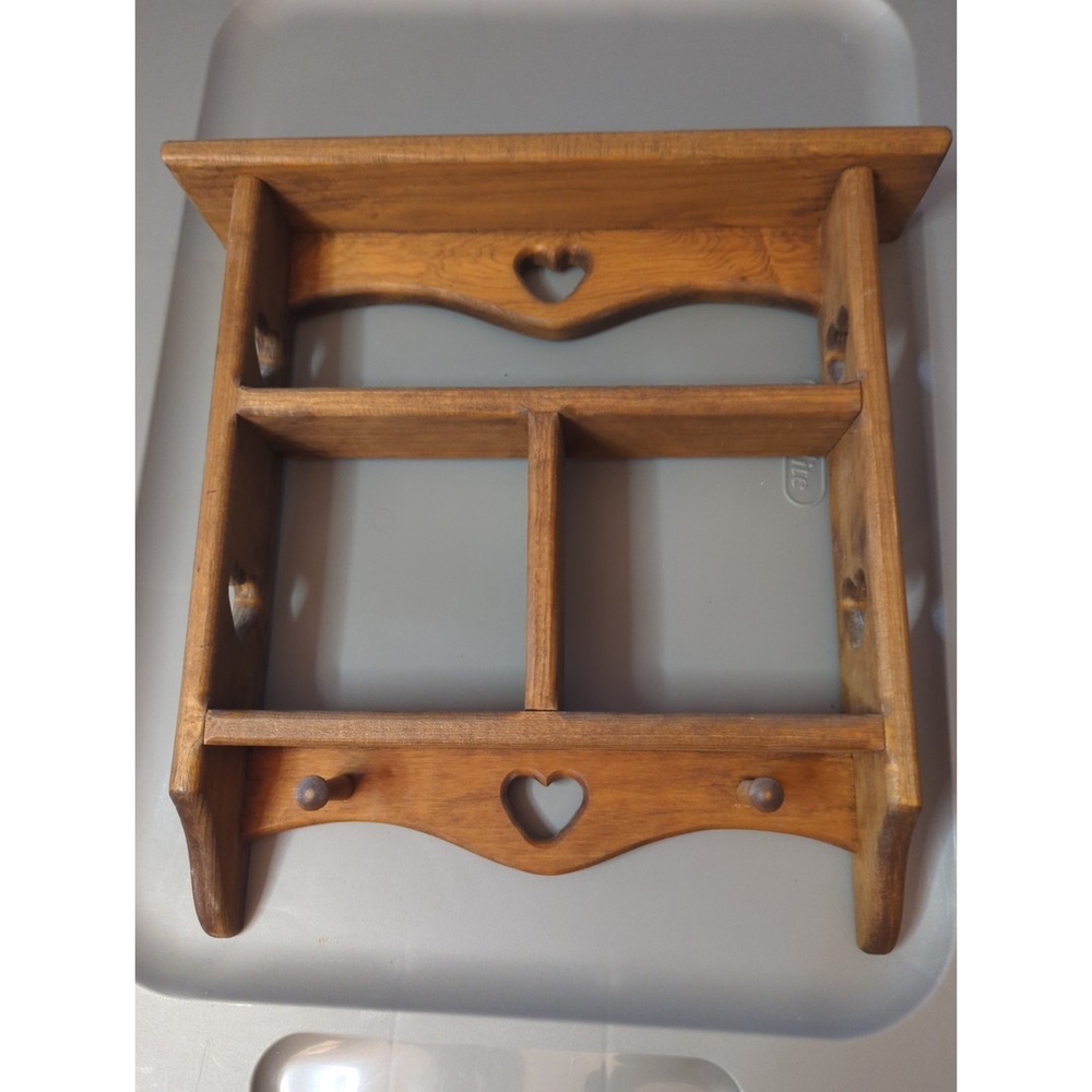 Vintage Wooden Knick-Knack Heart Cutout Display Wall Shelf Hanging w/ 2 Pegs